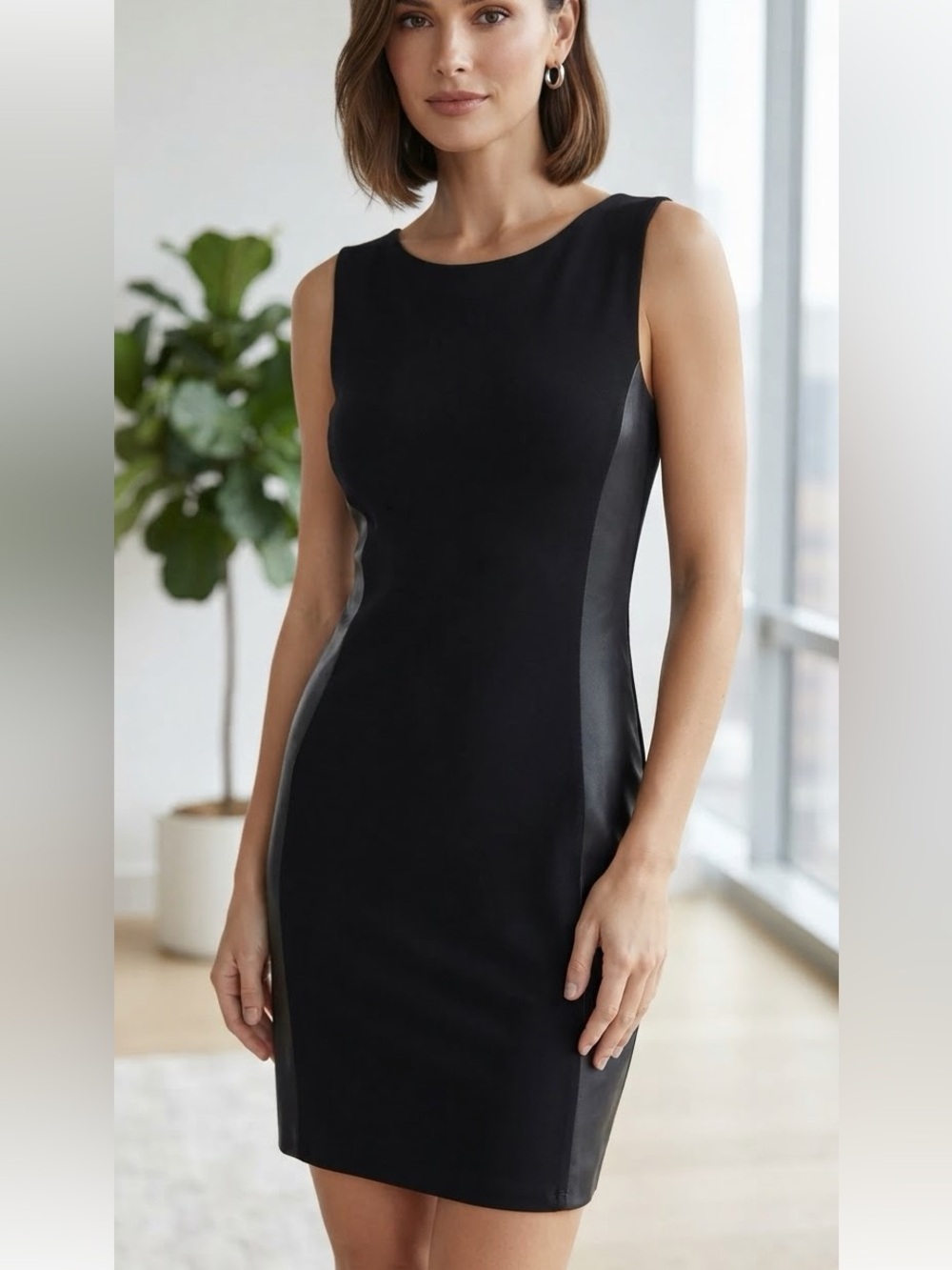 Black Sleeveless Sheath Dress with leather Side Panels